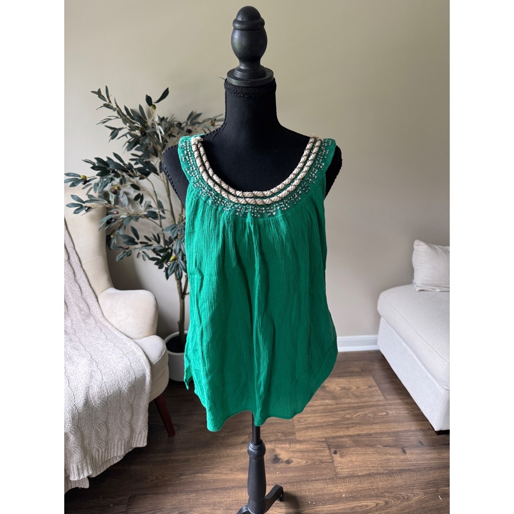 NY Collection Green Sleeveless Blouse Sequin Rope Neckline Top Large